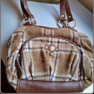 Relic by Fossil Brown Plaid Tweed Shoulder Bag ~ Brown Leatherette Trim